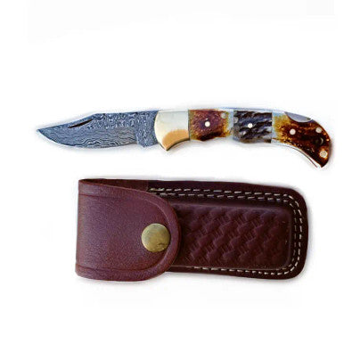 Burnt Bone and Stag Horn Folding Knife with Leather Sheath